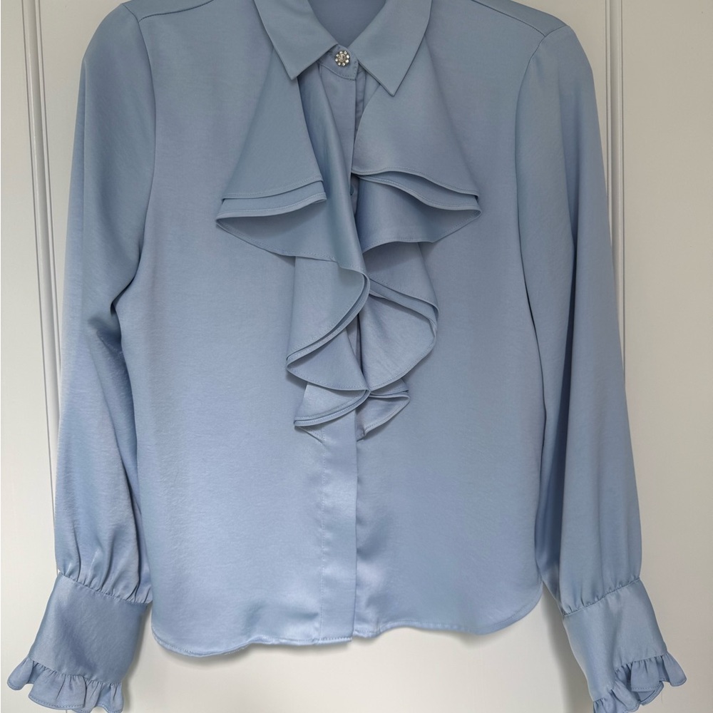 Zara Light Blue Ruffle Satin Women's Blouse